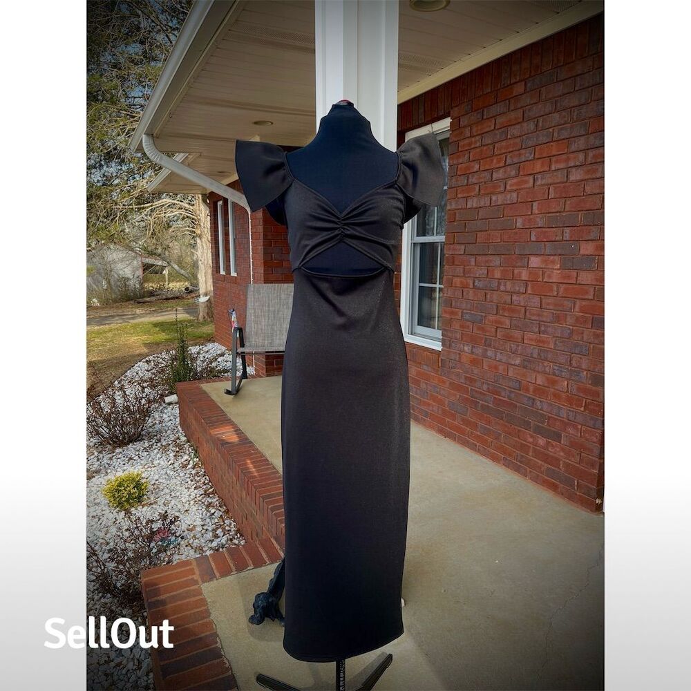 SHEIN Bae Women's Black V-Neck Midi Dress M Ruffle Sleeve Cutout Back